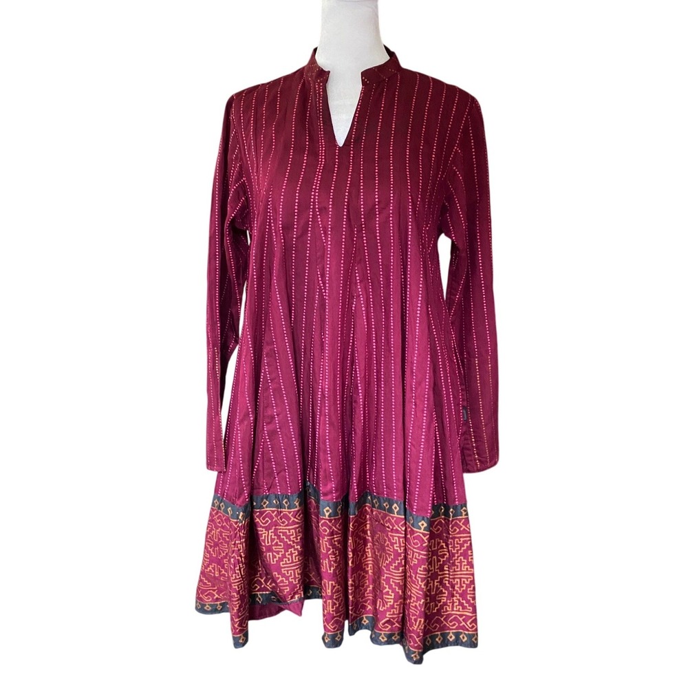 Ego Striped Tunic Mini Dress Red Long Sleeve Geometric Small Boho Hippy Festival